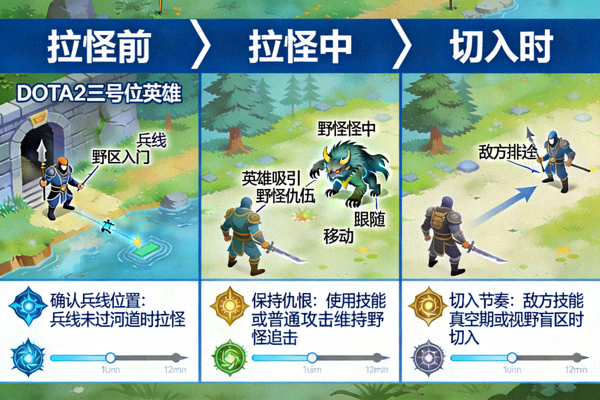 DOTA2三号位拉怪切入时机与节奏拆解示意图