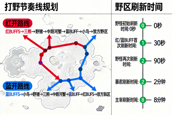 王者荣耀打野节奏路线规划与野区刷新时间示意图