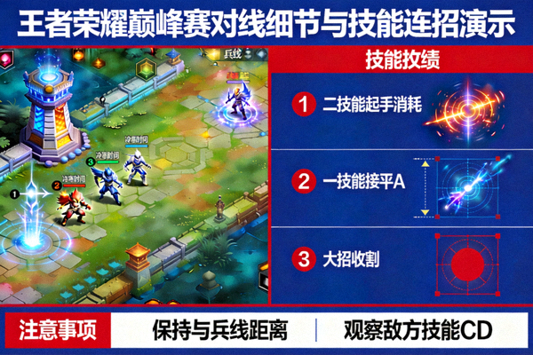 王者荣耀巅峰赛对线细节与英雄技能连招演示图