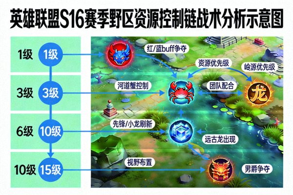 英雄联盟S16赛季野区资源控制链战术分析示意图